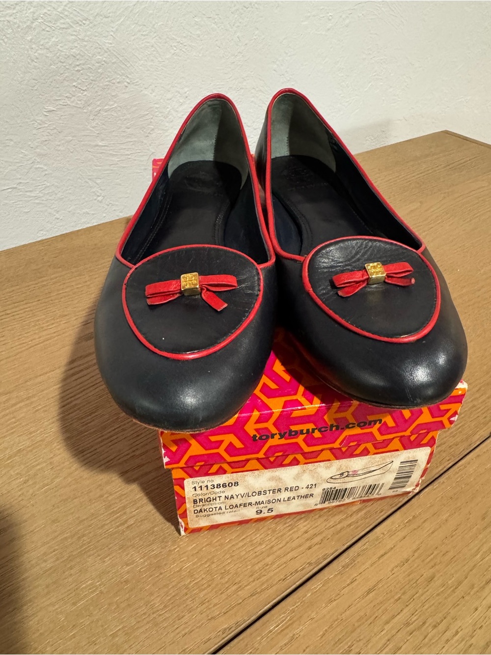 Tory Burch Navy Leather Dakota-Maison Loafers with Red Trim and Bow